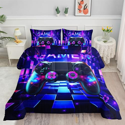 Smell Sunshine Boys Gamer Comforter Set Blue 3D Gamepad Printed Bedding Set with 1 Comforter and 2 Pillowcases for Boys and Girls Bedroom All Season(Gamepad Full) | Amazon (US)
