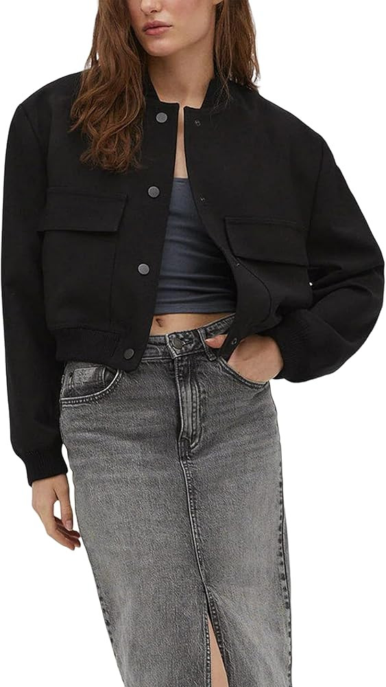 Springrain Womens Cropped Bomber Jacket Casual Varsity Jacket with Pockets Long Sleeve Outwear | Amazon (US)