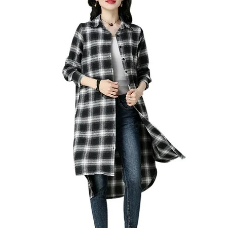 Women Buffalo Plaid Shirt Casual Long Sleeve Button Down High Low Long Cardigan Outerwear with Pocke | Walmart (US)