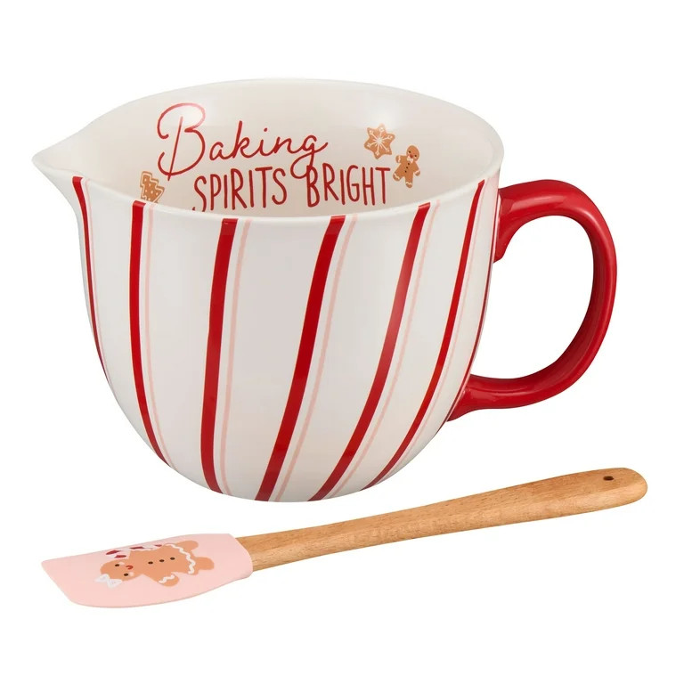 Holiday Time 2-Piece Stripes & Gingerbread Glazed Stoneware Batter Bowl & Spatula Set, Multicolor | Walmart (US)
