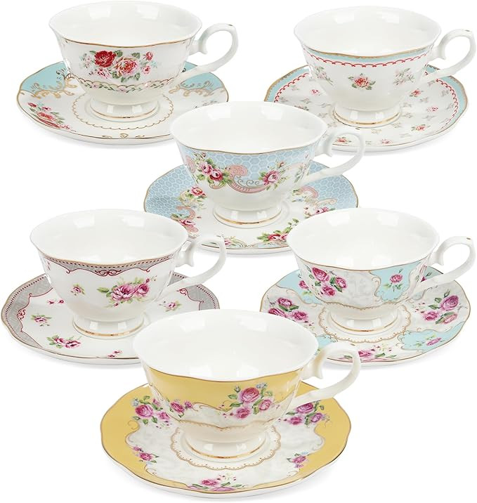 fanquare Colorful Floral Porcelain Coffee Cup with Saucer, British Tea Cups Set for 6, Classic Ro... | Amazon (US)