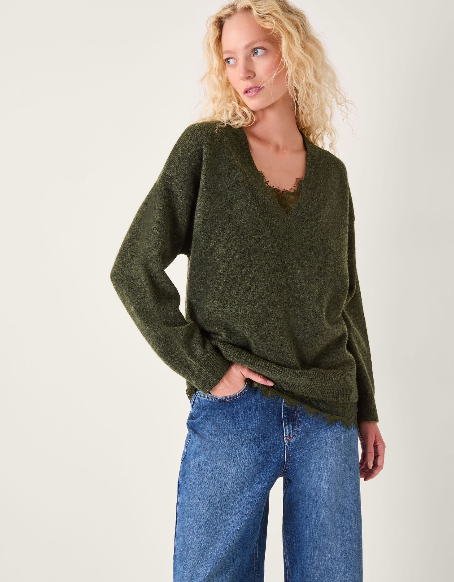 Leanne Lace V-Neck Jumper Green | Monsoon (UK)