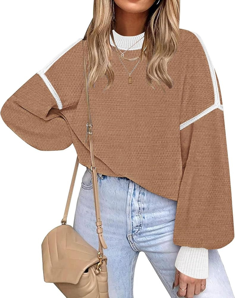 Fall Clothes for Women 2024 Trendy Fashion Oversized Sweaters Color Block Long Sleeve Knited Pull... | Amazon (US)