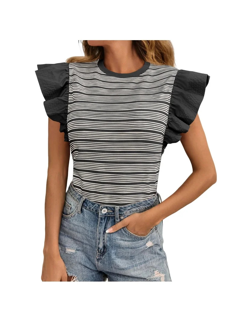 Summer Womens Ruffle Striped Tank Tops Casual Sleeveless Shirts Tops | Walmart (US)