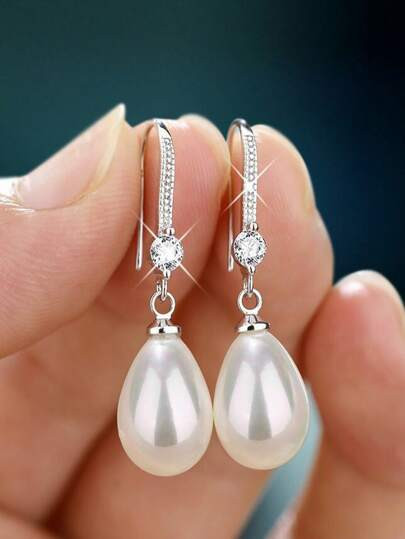 Cubic Zirconia Decor Faux Pearl Drop Earrings | SHEIN