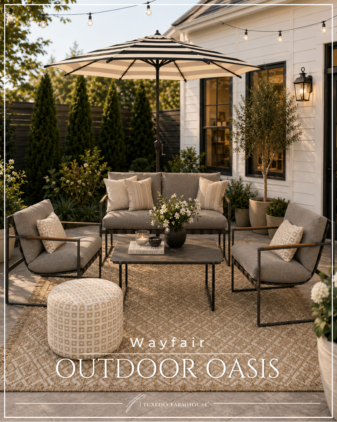 ✨ Create the outdoor oasis you've been dreaming about.

These Wayfair finds instantly transformed this patio into a cozy, designer-inspired retreat. The neutral outdoor rug, modern seating set, striped umbrella, and patterned pouf all work together to create a space that feels high-end without the high-end price tag. 

 #LTKSeasonal #LTKHome #LTKSaleAlert