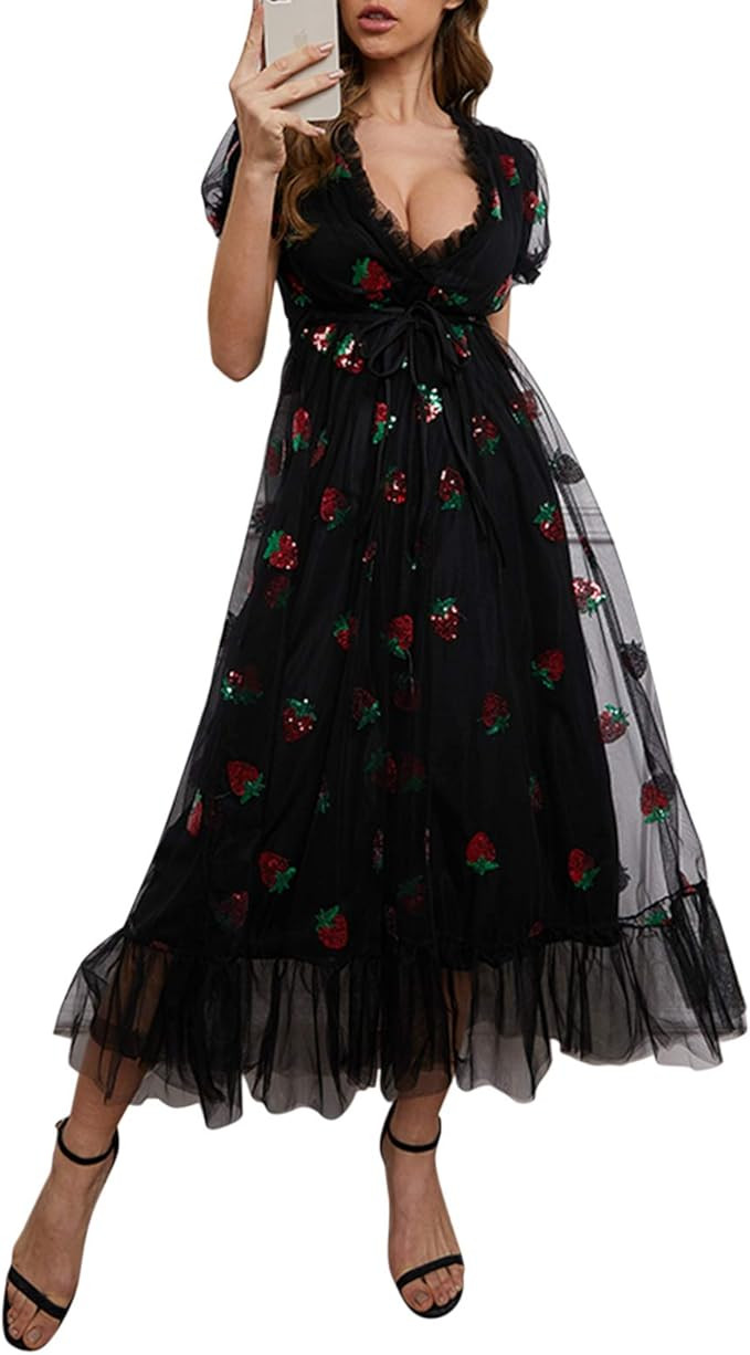 Women Sequin Strawberry Embroidered Cocktail Dresses,Plunge V Neck Sweet A-line Midi Mesh Dress | Amazon (US)