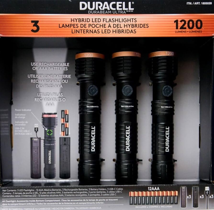 Duracell Durabeam Ultra Hybrid LED Flashlights, 1200 Lumens, Set of 3, with Rechargeable and AAA ... | Amazon (US)