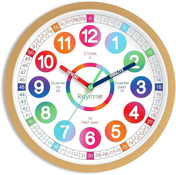 Roymnie Wall Clock for Kids Learning - Teaching Time Wall Clocks Battery Operated Silent Non Tick... | Amazon (US)