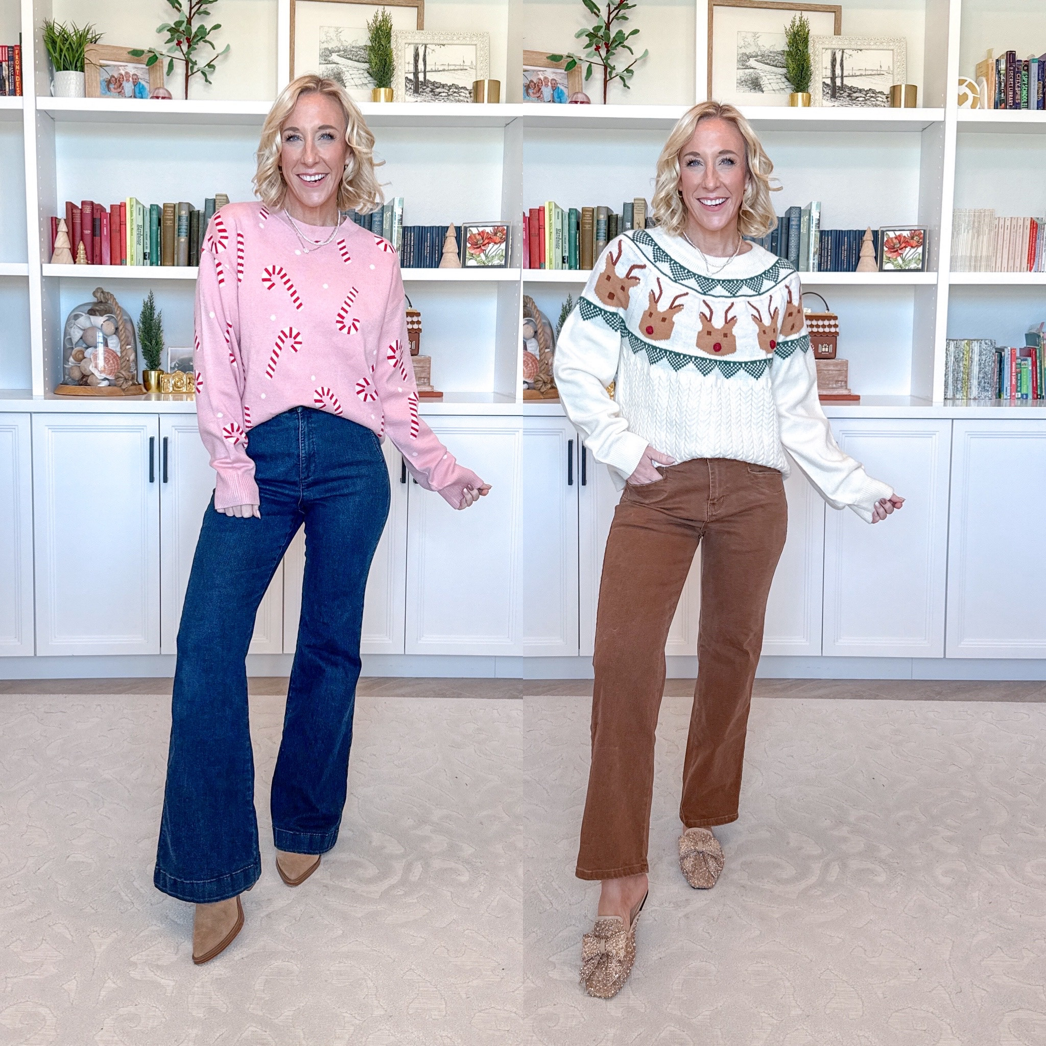 Reindeer Fair Isle Sweater - size small. * Brown Jeans - size 4. 

Pink Candy Cane Sweater - size small. * Trouser Flare High-Rise Jeans - size 0. $24. 

#LTKOver40#LTKHoliday#LTKFindsUnder50 

 