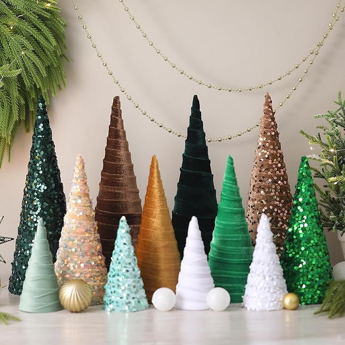 Ireer 12 Pcs Christmas Velvet Trees Set Various Size Velvet Cone Modern Decorations Indoor Table ... | Amazon (US)