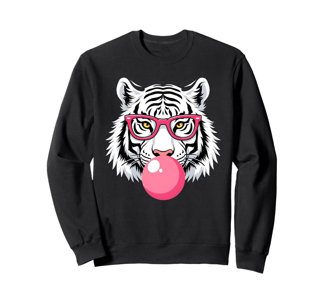 Funny Tiger Wearing Glasses and Blowing Pink Bubble Gum Sweatshirt | Amazon (US)