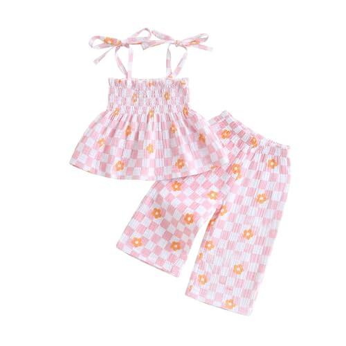 VISGOGO Toddler Baby Girl Outfits Sleeveless Smocked Strap Camisole Linen Pants Bow Baby Summer Clothes (Pink-Plaid, 6-9 Months) | Amazon (US)