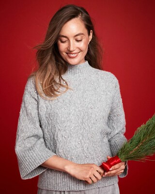 Women's Sequined Cable Knit Sweater in Cloud Heather Gray | Chico's | Chico's