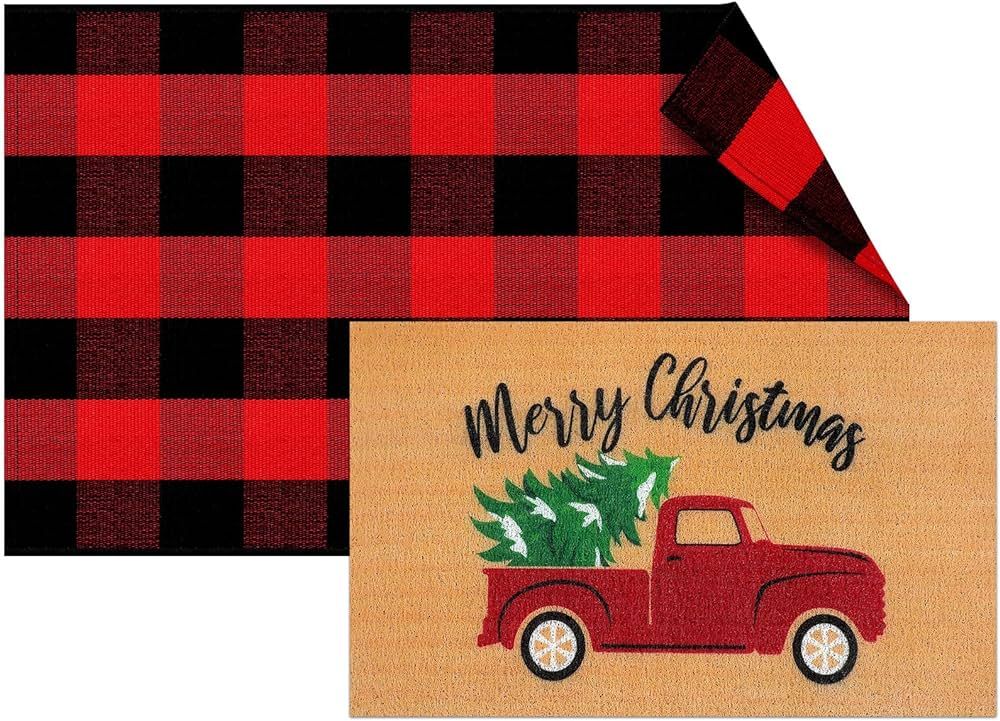 Drydiet 2 Pcs Merry Christmas Doormat for Outdoor Nonslip Cotton Rug Holiday Floor Mat Front Porc... | Amazon (US)