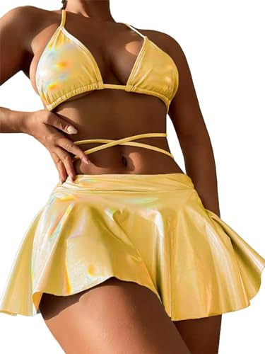 DaiLiWei 3 Piece Swimsuits for Women Festival Rave Outfits Metallic Glitter Bikini Sets Sexy Bathing Suit Beach Skirt 2026 | Amazon (US)