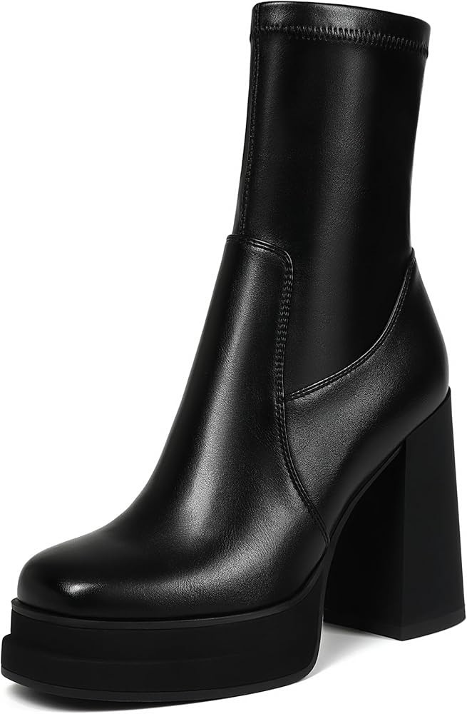 Women's Platform Ankle Boots Chunky High Heel Square Toe Stretch Short Gogo Combat Boots Booties ... | Amazon (US)