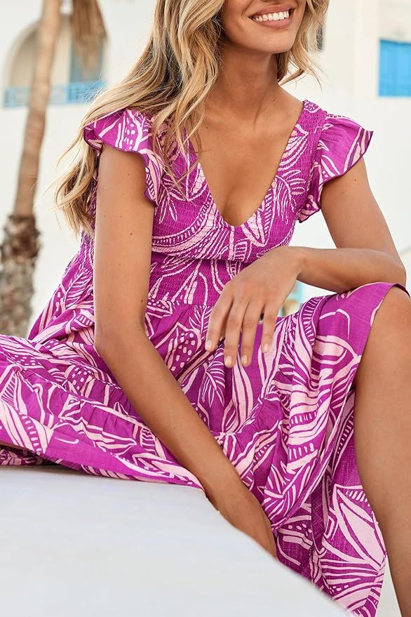 PRETTYGARDEN Women's Summer Flowy Maxi Dress Casual Cap Sleeve V Neck Smocked Beach Sundress | Amazon (US)