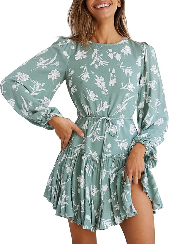 Bonkwa Women's Dresses Ruffle Hem Waist Tie Floral Dress for Women Summer Long Baggy Sleeve Crewn... | Amazon (US)