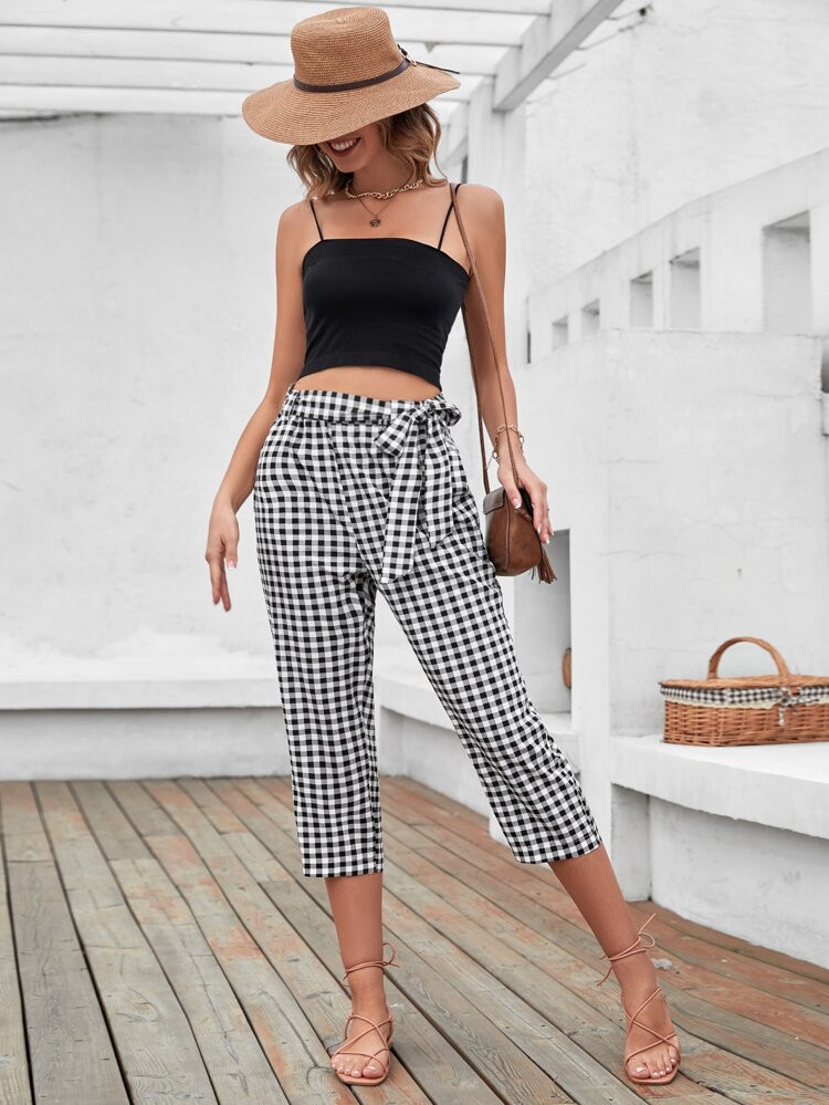 Gingham Print Belted Capris Pants | SHEIN