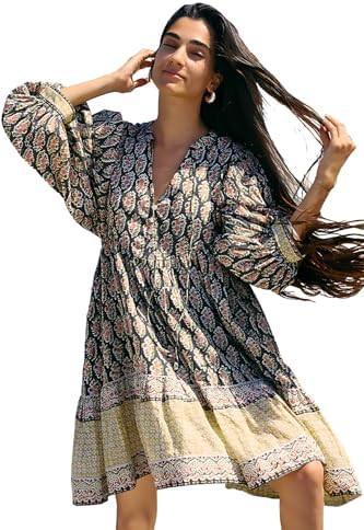 Summer Dresses for Women Boho Babydoll Puffs Flowy Floral V Neck Mini Dress | Amazon (US)