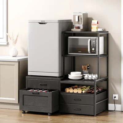 Mini Fridge Stand with Wine Rack, Kitchen Bakers Rack with Power Outlet, Microwave Oven Stand, Coffee Bar | Wayfair North America