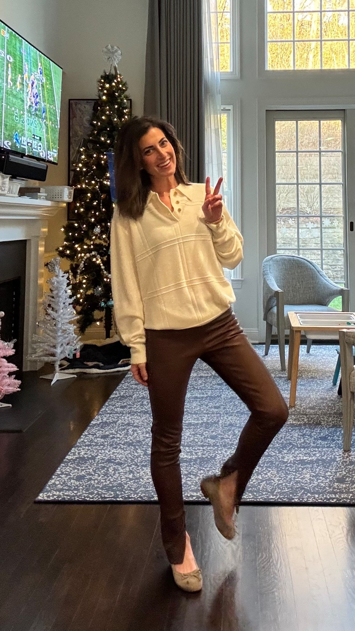 Brown Leather leggings split bottom zipper hem oversized button collar sweater suede flats holiday chic holiday look

#LTKootd #LTKHoliday #LTKSeasonal