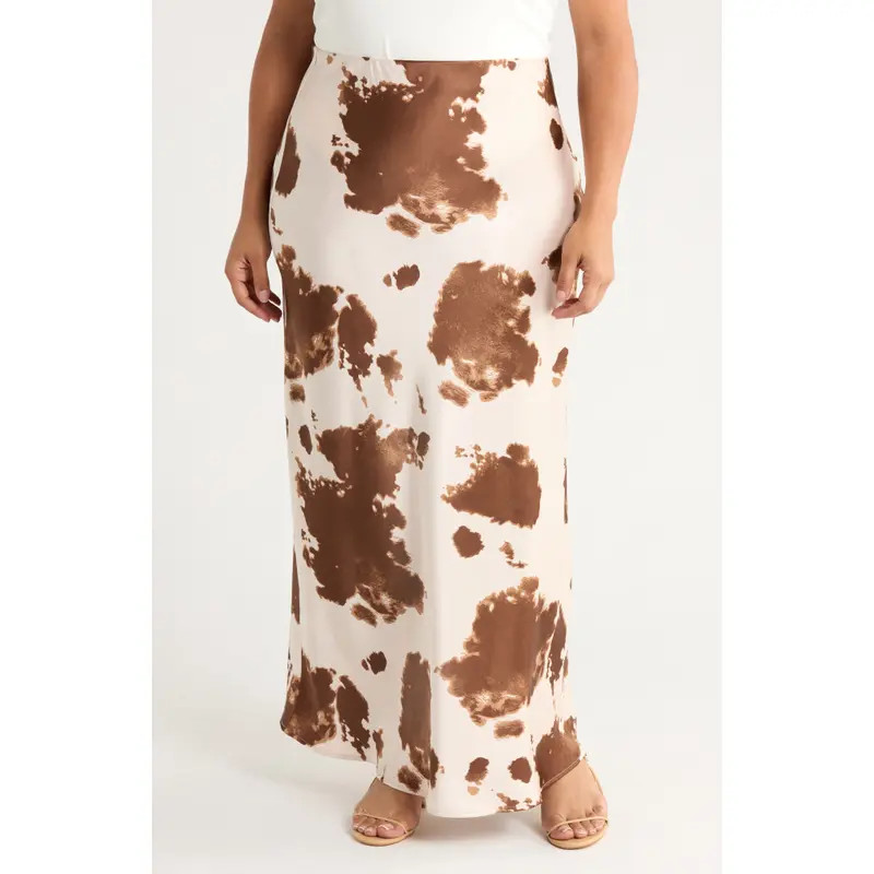 Renee C Cow Print Satin Maxi Skirt in Brown at Nordstrom Rack, Size 2X | Nordstrom Rack
