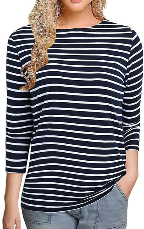 Remidoo Women Boat Neck Striped T-Shirt Short Sleeve / 3/4 Sleeve/Long Sleeve Tees Slim Fit Blous... | Amazon (US)