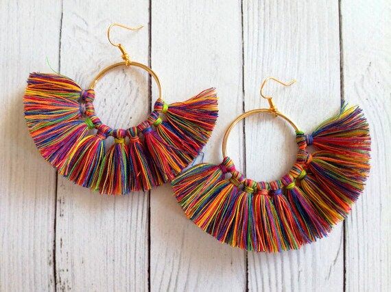 Rainbow multicolor tassel Hoop earrings Fringe cotton Fan drop earring 18K gold hook Bright statemen | Etsy (US)