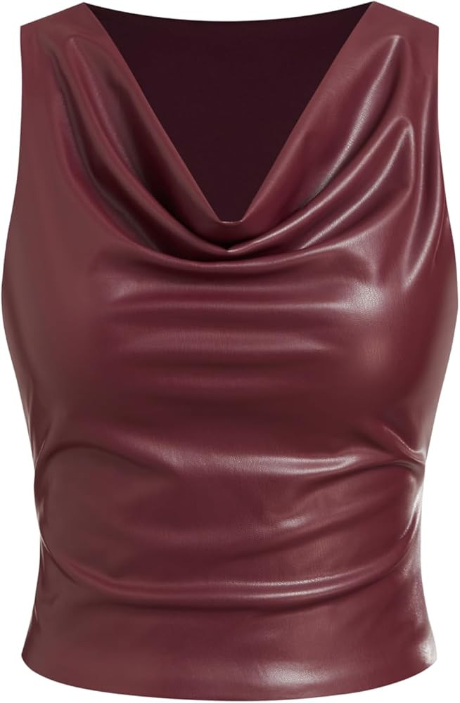 CIDER Shirts for Women Faux Leather Cowl Neck Ruched Slim Fit Tank Crop Top Sleeveless Solid Line... | Amazon (US)