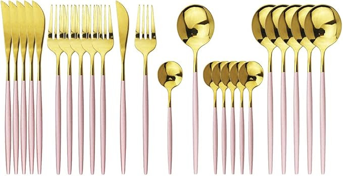 JASHII Flatware Serving Set 24 Piece, Stainless Steel Silverware Set, Pink Gold Cutlery Set, Mode... | Amazon (US)