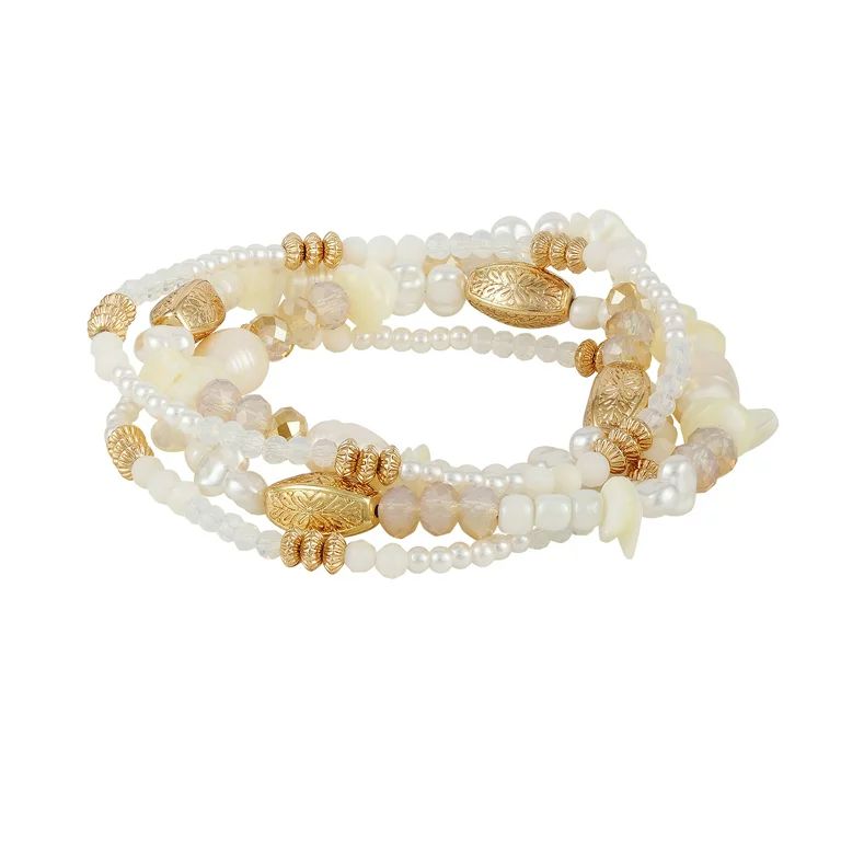 4 piece Organic Glass Pearl and Shell Beaded Stretch 7" Bracelet Set in Imitation Gold Plating. | Walmart (US)
