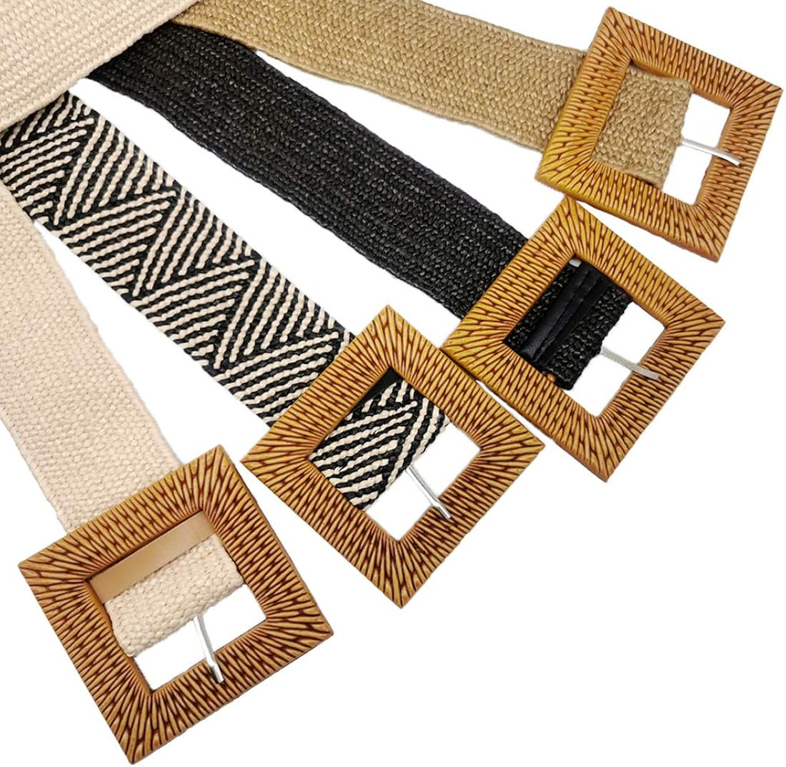 Women Skinny Dress Belt, Fashion Straw Woven Elastic Stretch Waist Band Wood Buckle Belt | Amazon (US)