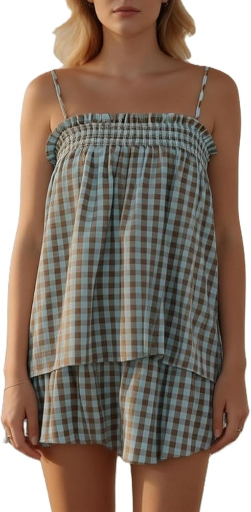 Pivanzore Women's Gingham 2 Piece Set Smocked Ruffle Plaid Cami And Shorts Set Casual Summer Matc... | Amazon (US)