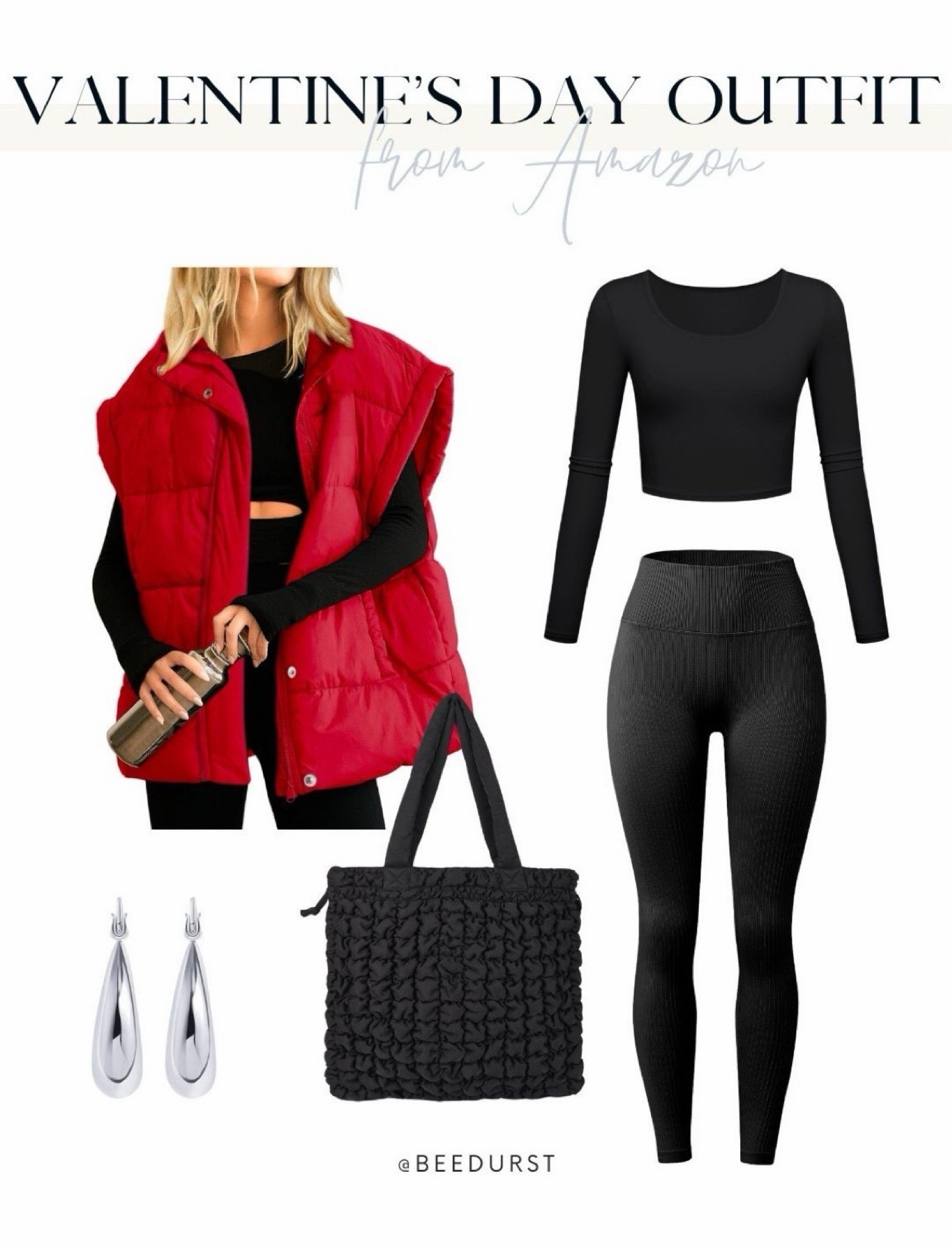 cozy winter outfit for christmas or Valentine’s Day outfit from Amazon! loving a red puffer vest over all black for a casual Valentine’s Day outfit. Amazon fashion, black purse, gym outfit, winter outfits

   

 #LTKSeasonal #LTKFindsUnder50