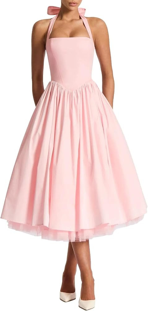 Women Halter Midi Dress Corset Back Layered Tulle Skirt A Line Formal Dresses Wedding Guest Brida... | Amazon (US)