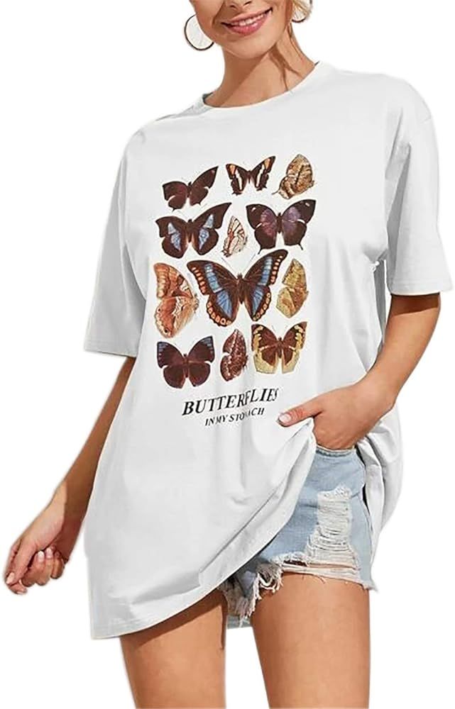 Meladyan Women’s Butterfly Printed Graphic Loose Tee Short Sleeve Round Neck Loose Tshirt Tops | Amazon (US)