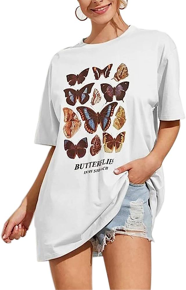 Meladyan Women’s Butterfly Printed Graphic Loose Tee Short Sleeve Round Neck Loose Tshirt Tops | Amazon (US)
