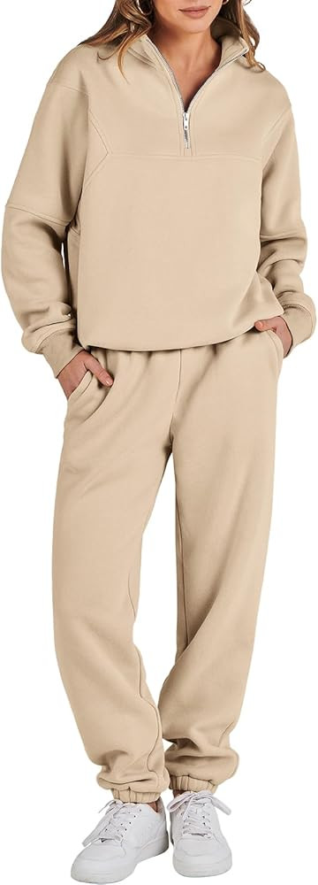 Prinbara Women 2 Piece Outfits Sweatsuit Set 2023 Fall Oversized Half Zip Sweatshirt Wide Leg Swe... | Amazon (US)