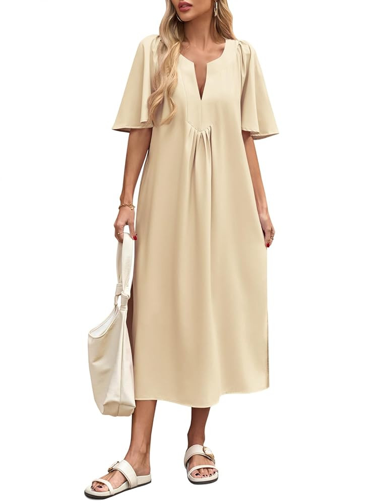 Wenrine Womens Flutter Short Sleeve Maxi Dress Casual V Neck Side Slit Pleated Loose Flowy Long S... | Amazon (US)