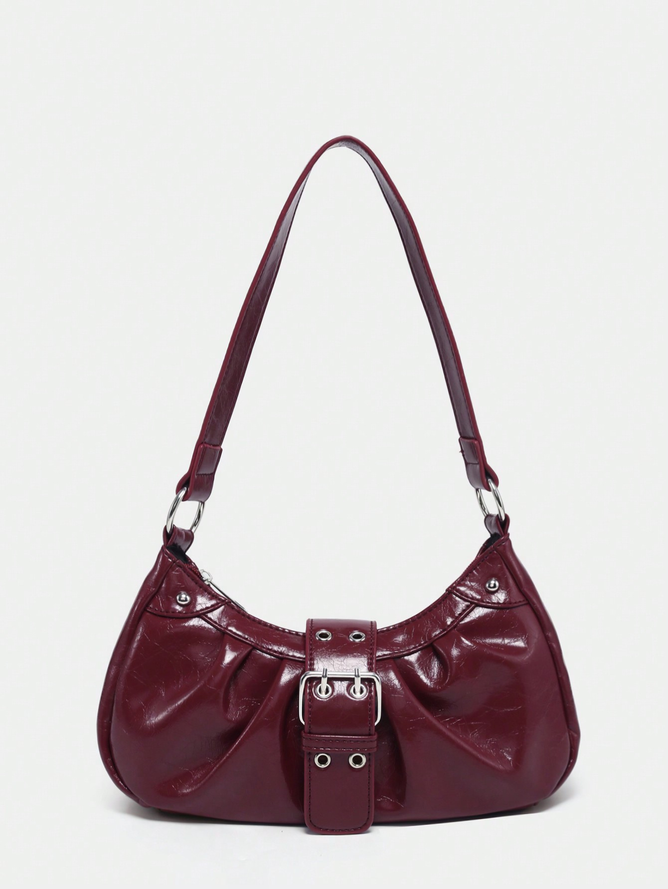 1pc Women's Vintage Style Melange Washed Distressed Leather Biker Bag With Rivet, Buckle, Pleated Cloud Decor, Shoulder/Underarm Bag, Suitable For Work, Commute, Date, Party, Fashionable Burgundy Bag, Simple Retro Inspired Bag For Women | SHEIN