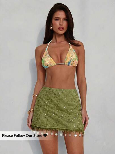 Aloruh Elegant Sequin Tassel Beach Mini Skirt For Women | SHEIN UK | SHEIN