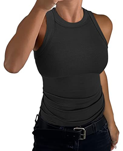 GEMBERA Womens Sleeveless Racerback High Neck Casual Basic Cotton Ribbed Fitted Tank Top Black M | Amazon (US)
