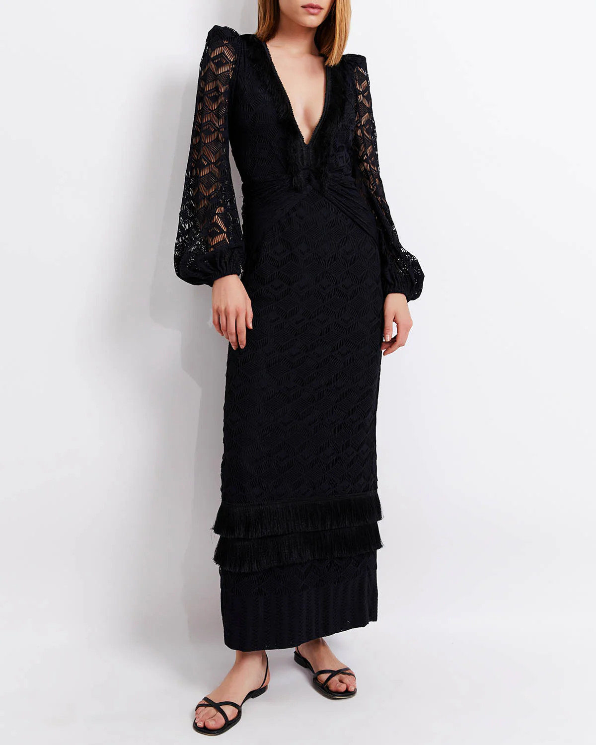 Crochet Plunge Fringe Trim Maxi | PatBO