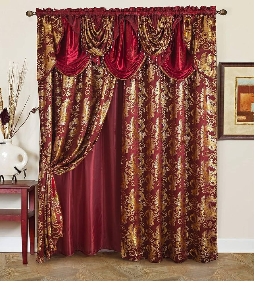 GLORY RUGS Jacquard Luxury Window 1 Panel Set Burgundy Curtain with Attached Valance and Backing ... | Amazon (US)