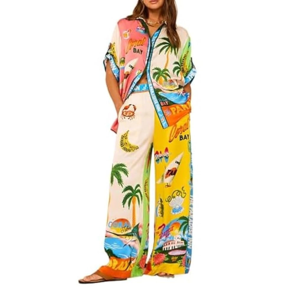 Women's Summer Print Two Piece Pajama Set Short Sleeve Outfits Button Down Tops Drawstring Long P... | Amazon (US)