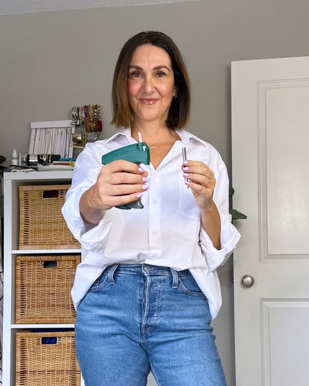 Best Amazon clothing hack: the micro stitch gun! Use to hem pants, pin down collars and gaping shirts. 
Comes with white and black stitches.
Cut or pull on the fabric to remove (not on delicate fabrics)
Also linked my shirt (men’s) and jeans 


#LTKstyletip #LTKfindsunder50