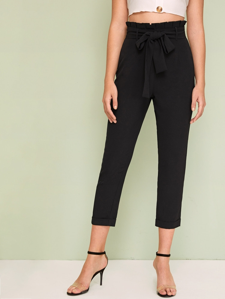 Solid Paperbag Waist Belted Capris Pants | SHEIN