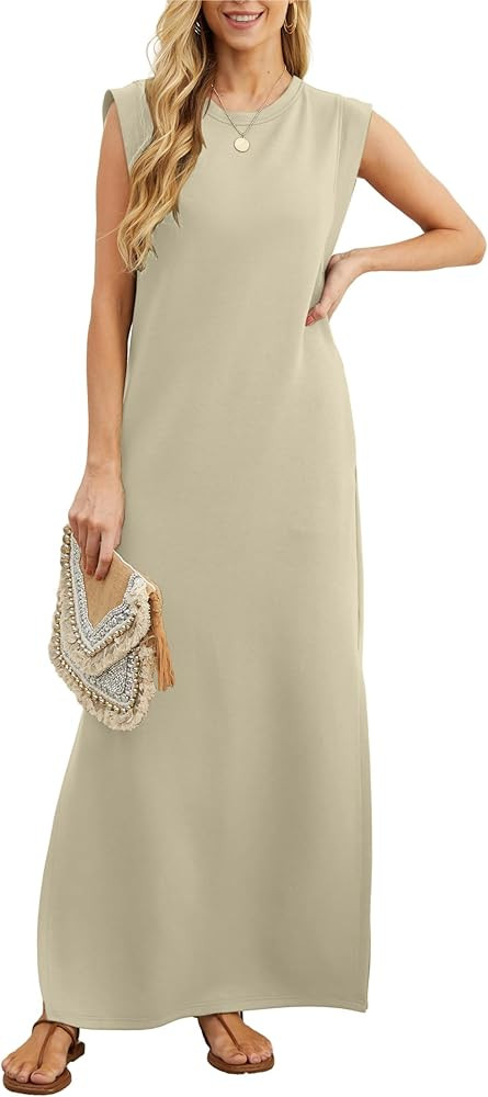 GRECERELLE 2024 Women Summer Crew Neck Casual Loose Split Wrinkle-Free Long Maxi Beach Dress with... | Amazon (US)